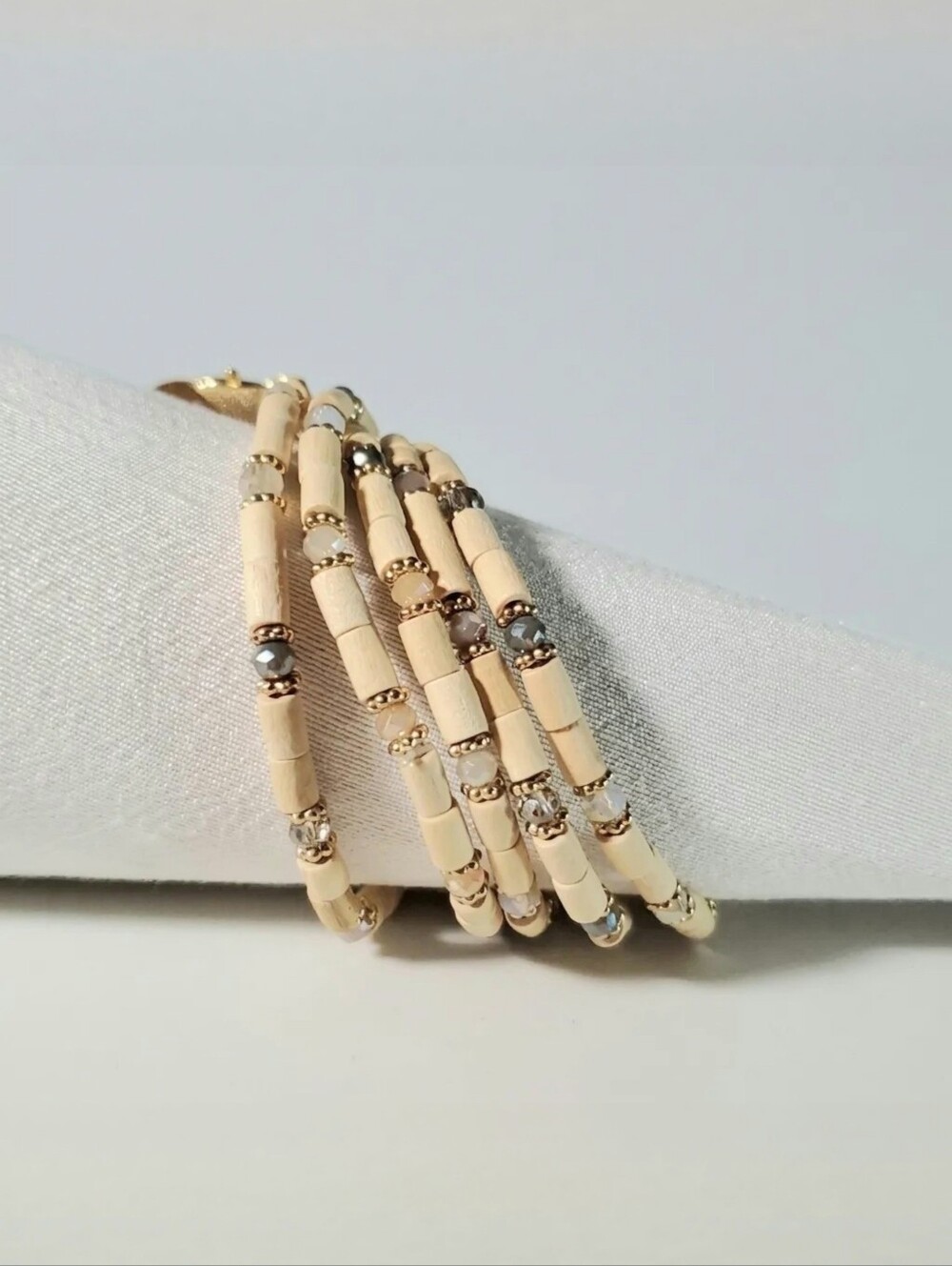 Bracelet Set 5-Pc Crystal Balsa Wood Glass Sparkle Boho Stretchy Aurora Borealis